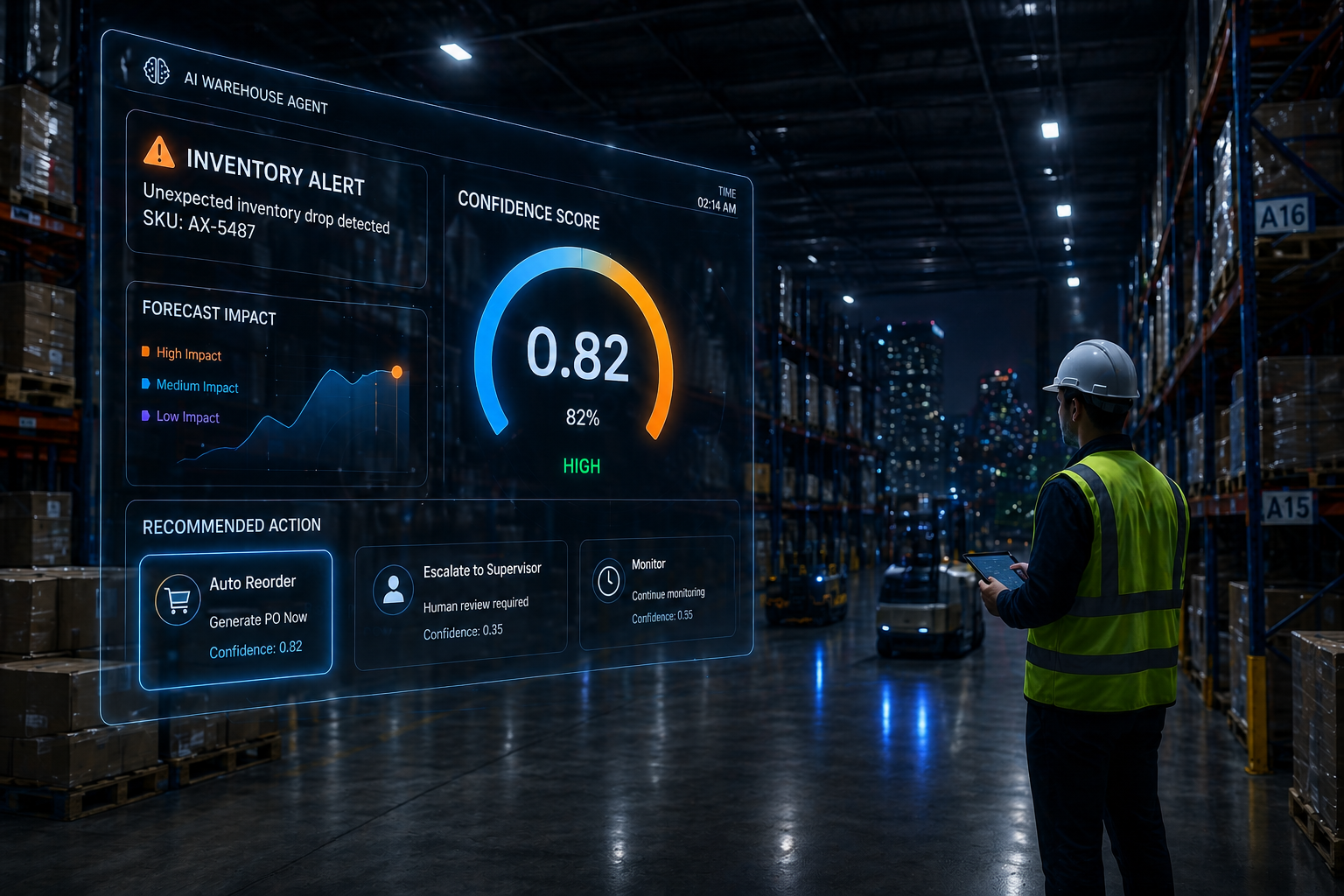 AI agent confidence score dashboard in a warehouse management system at night